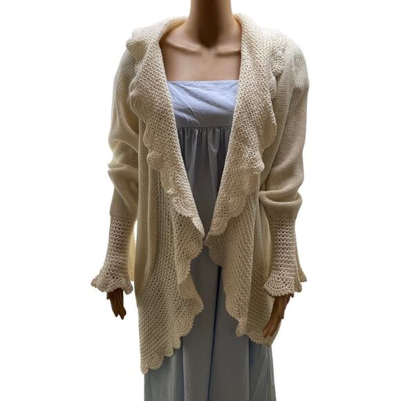 ABsolved Cream knitted Cardigan crochet ruffles flounce long sleeve wool blend L - Picture 1 of 6